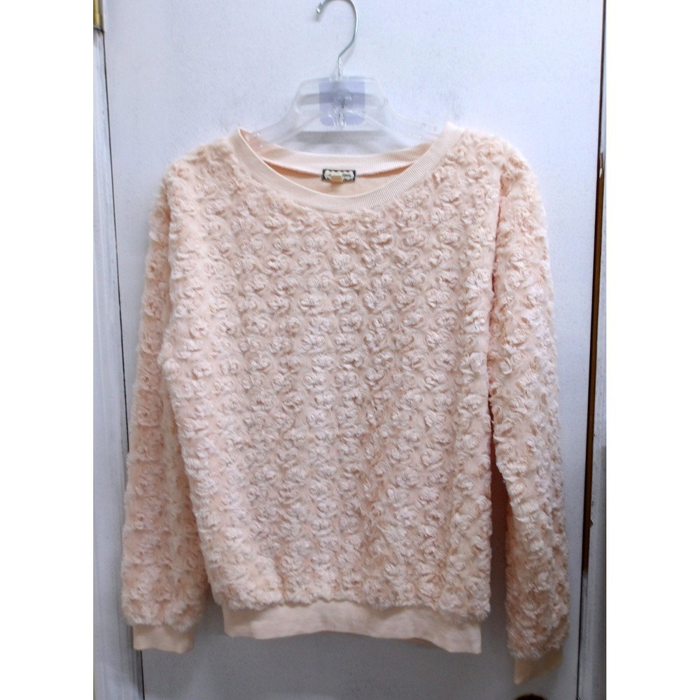 Peach Faux Fur Rosette Textured Crew Neck Pullover Sweatshirt Top M / #26835 - Picture 3 of 6